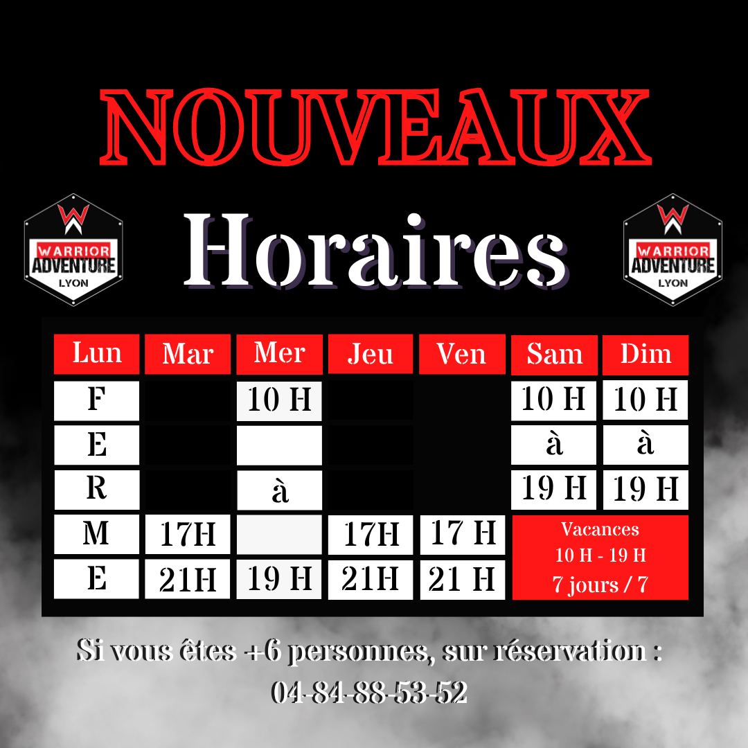 Warrior Adventure Lyon annonce ses nouveaux horaires de la entrée 2024-2025